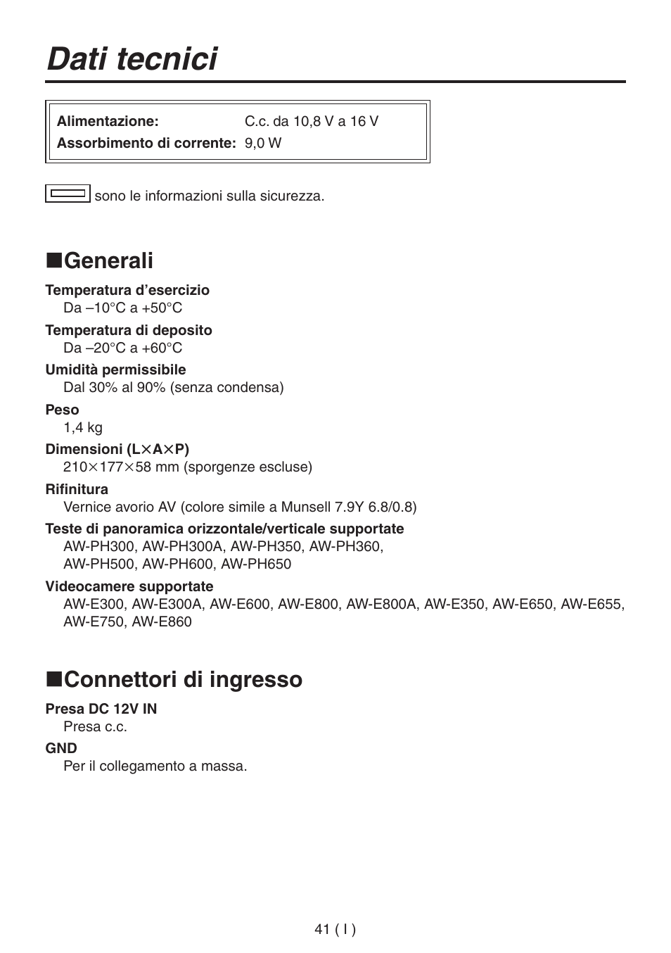Dati tecnici, Generali, Connettori di ingresso | Panasonic AW-RP555 User Manual | Page 168 / 296