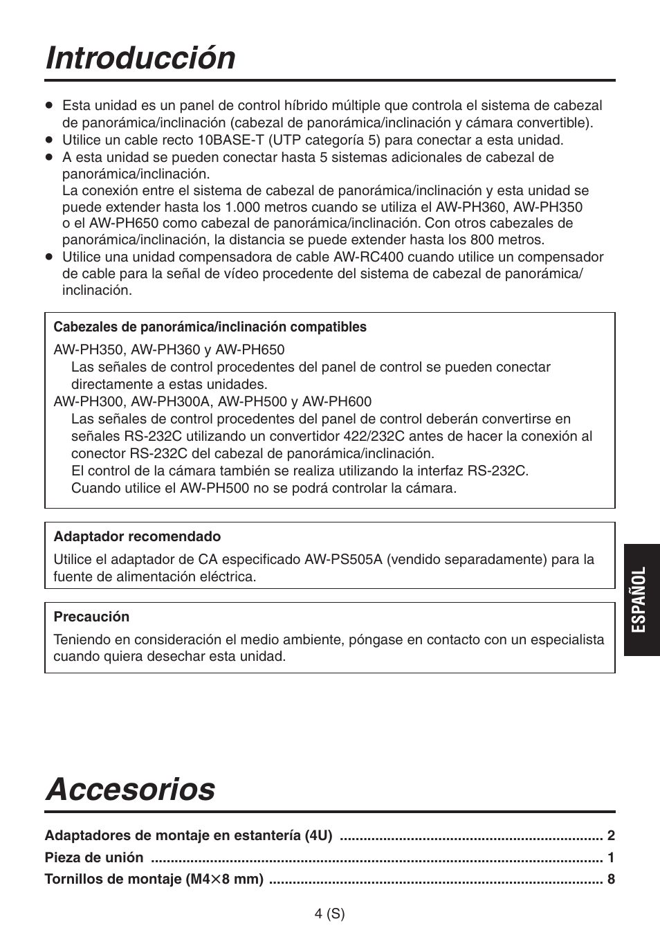 Introducción, Accesorios | Panasonic AW-RP555 User Manual | Page 173 / 296