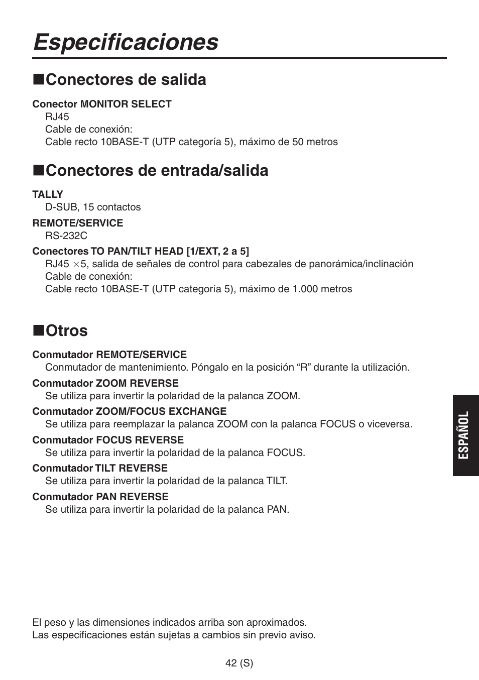 Especificaciones, Conectores de salida, Conectores de entrada/salida | Otros | Panasonic AW-RP555 User Manual | Page 211 / 296