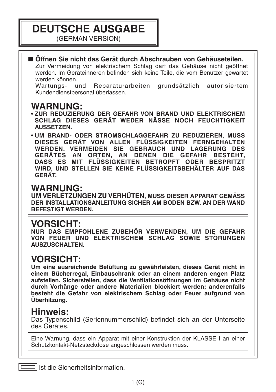 German, Deutsche ausgabe, Warnung | Vorsicht, Hinweis | Panasonic AW-RP555 User Manual | Page 44 / 296