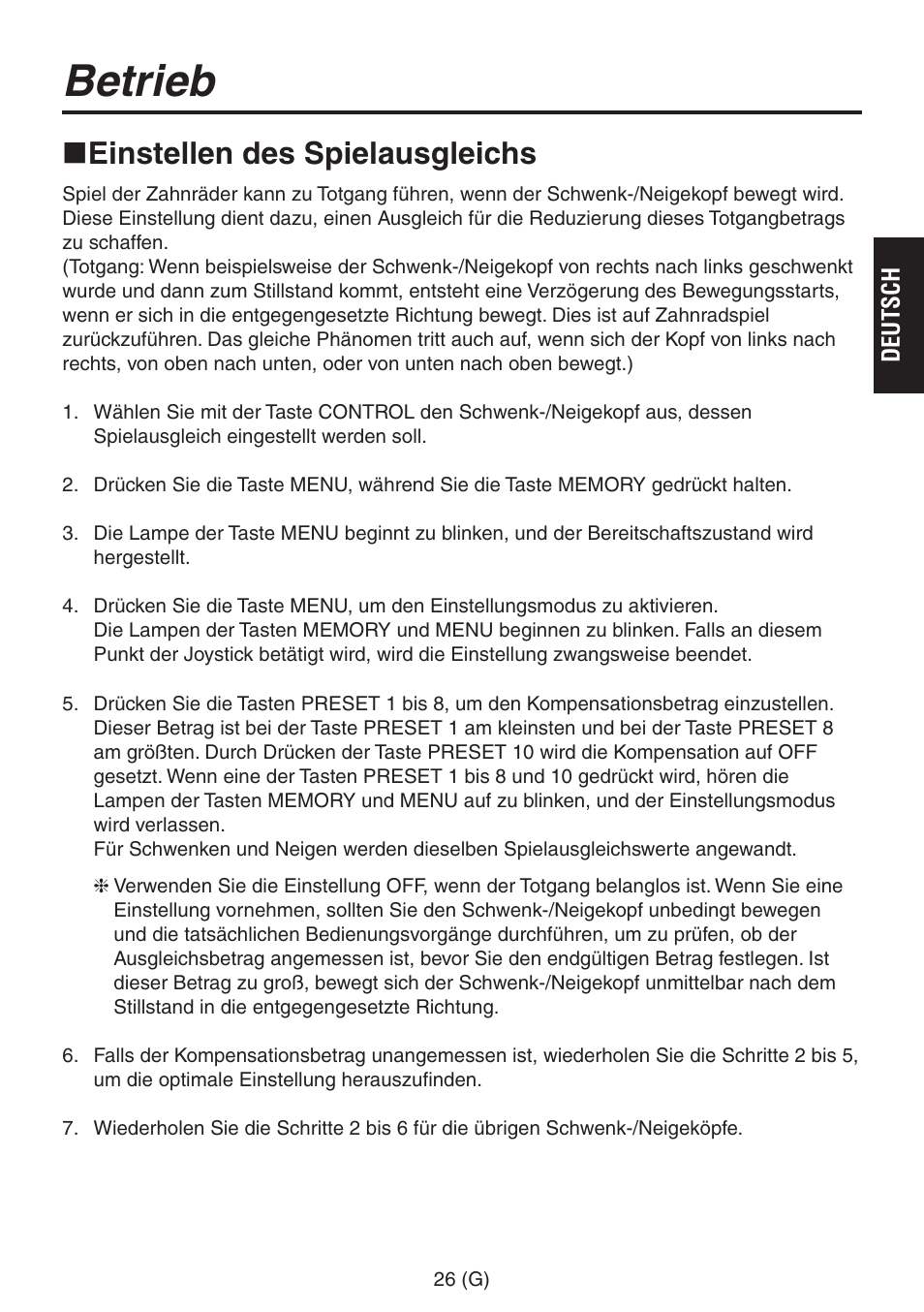 Betrieb, Einstellen des spielausgleichs | Panasonic AW-RP555 User Manual | Page 69 / 296