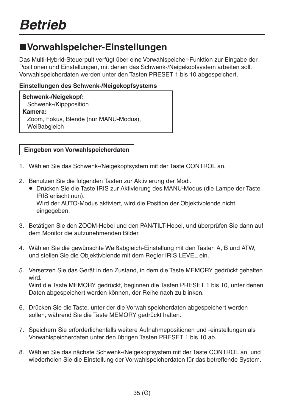 Betrieb, Vorwahlspeicher-einstellungen | Panasonic AW-RP555 User Manual | Page 78 / 296