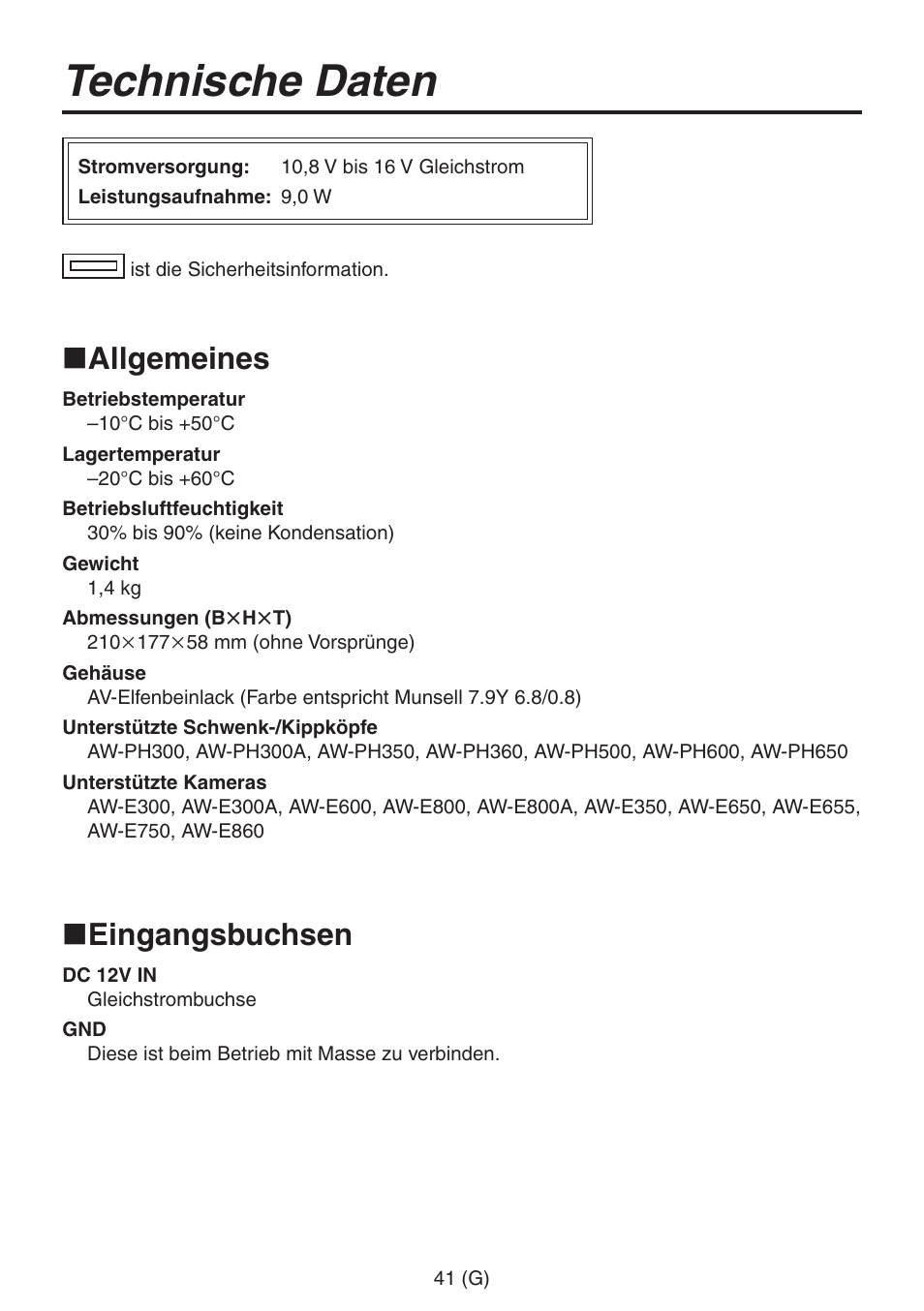 Technische daten, Allgemeines, Eingangsbuchsen | Panasonic AW-RP555 User Manual | Page 84 / 296
