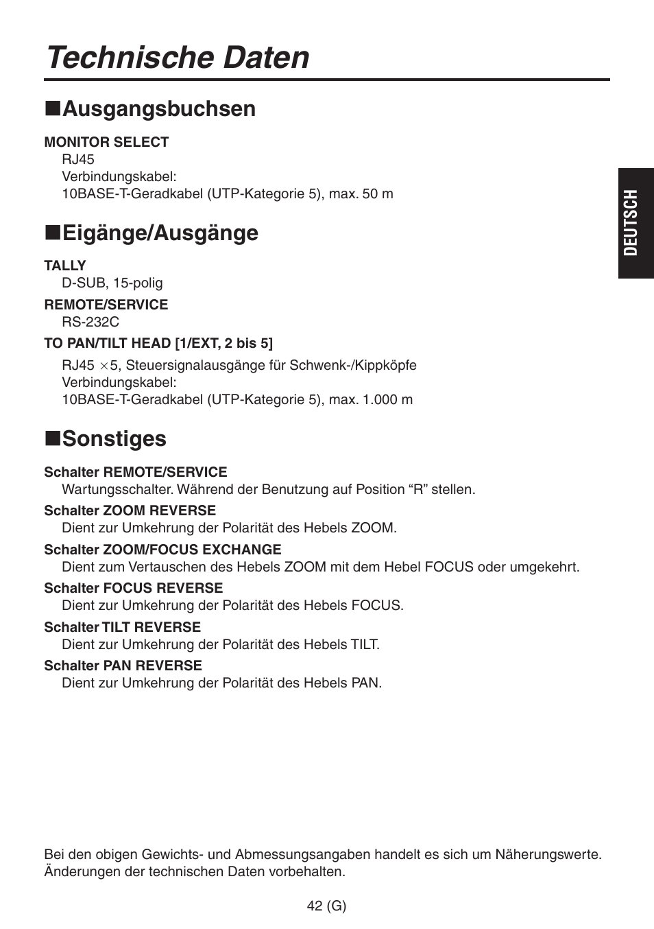 Technische daten, Ausgangsbuchsen, Eigänge/ausgänge | Sonstiges | Panasonic AW-RP555 User Manual | Page 85 / 296