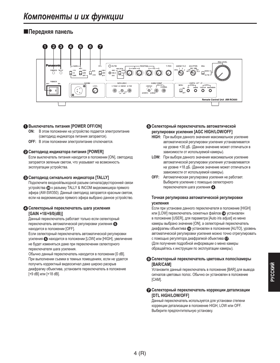 Компоненты и их функции, Передняя панель | Panasonic AW-RC600 User Manual | Page 105 / 124