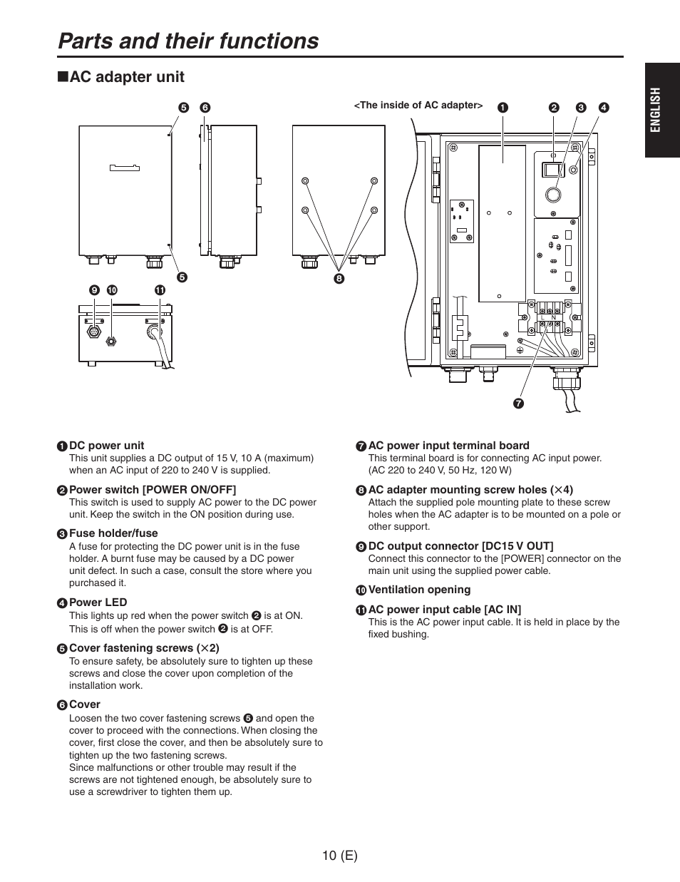 Ac adapter unit, Qdc power unit, Power switch [power on/off | Fuse hoider/fuse, O power led, Cover fastening screws (x2), Cover, Ac power input terminai board, Ac adapter mounting screw hoies (x4), Dc output connector [dc15 v out | Panasonic AW-PH650 User Manual | Page 11 / 44