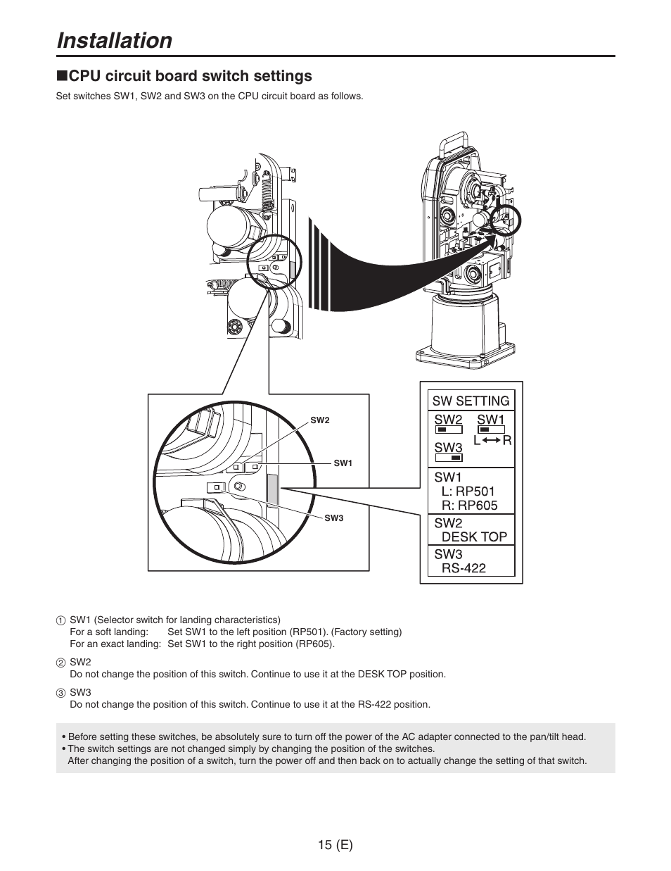 Cpu circuit board switch settings, Installation | Panasonic AW-PH650 User Manual | Page 16 / 44