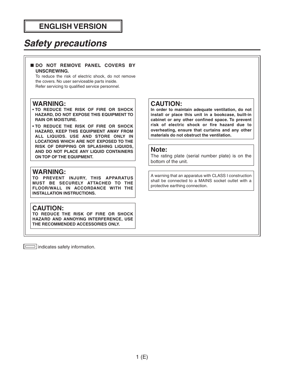 English version, Safetyprecautions, Do not remove panel covers by unscrewing | Warning, Caution, Note | Panasonic AW-PH650 User Manual | Page 2 / 44