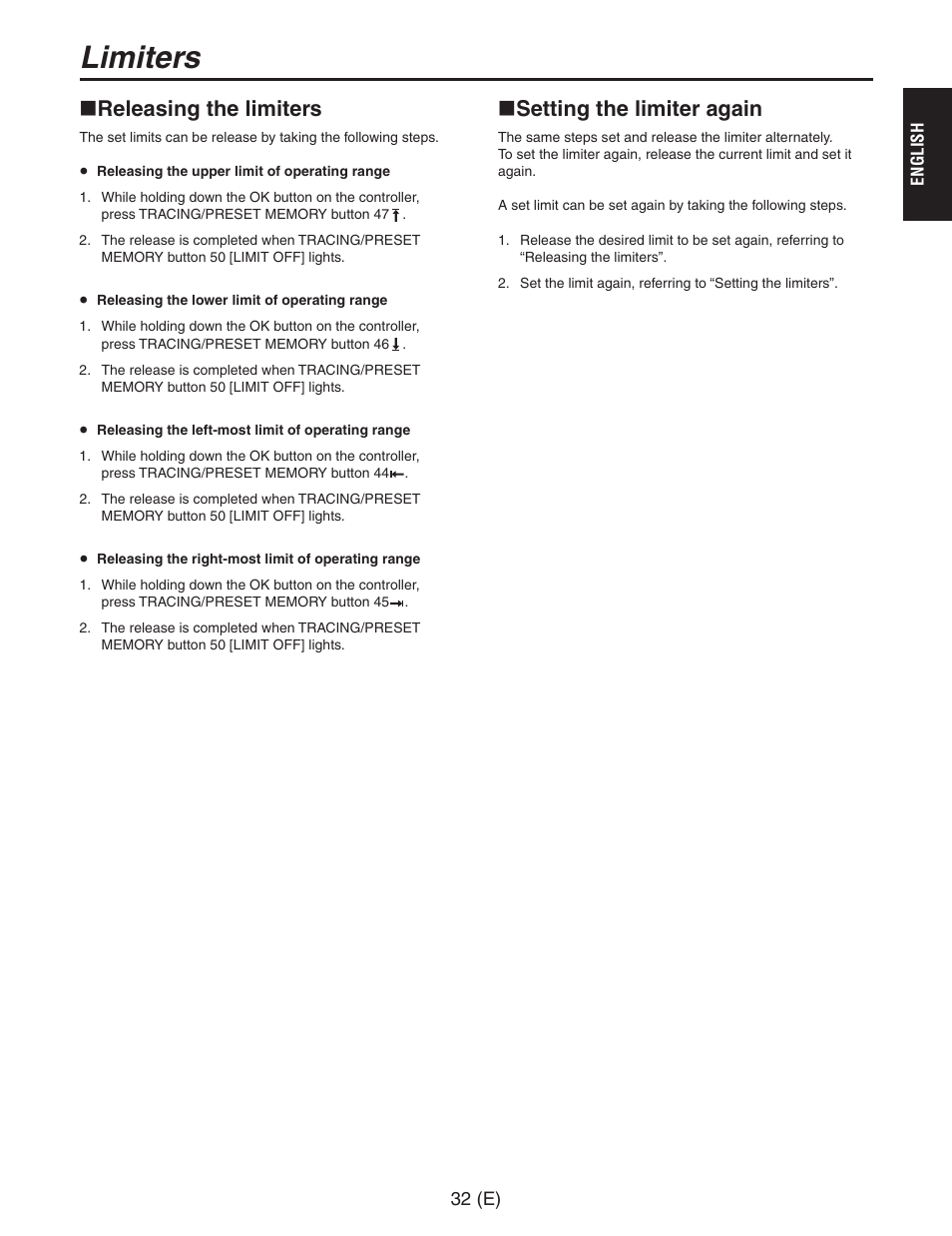 Limiters, Releasing the limiters, Setting the limiter again | Releasingthe limiters | Panasonic AW-PH650 User Manual | Page 33 / 44