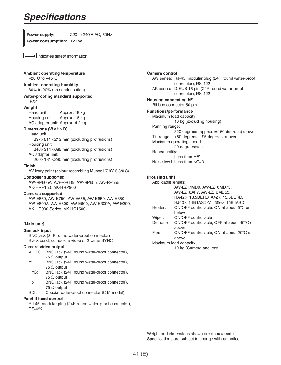 Specifications | Panasonic AW-PH650 User Manual | Page 42 / 44