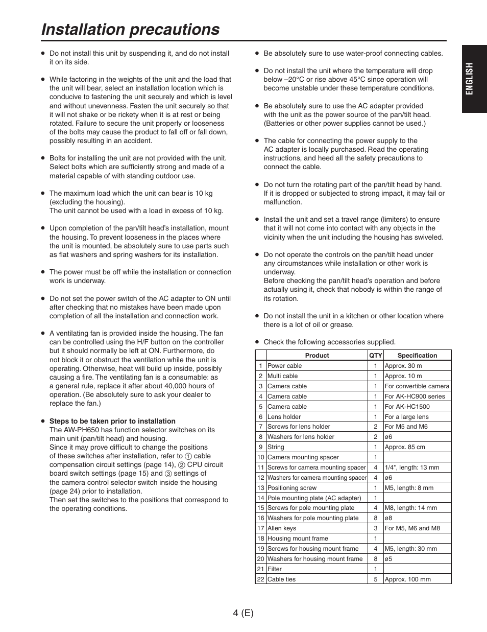 Installation precautions, 4(e) | Panasonic AW-PH650 User Manual | Page 5 / 44