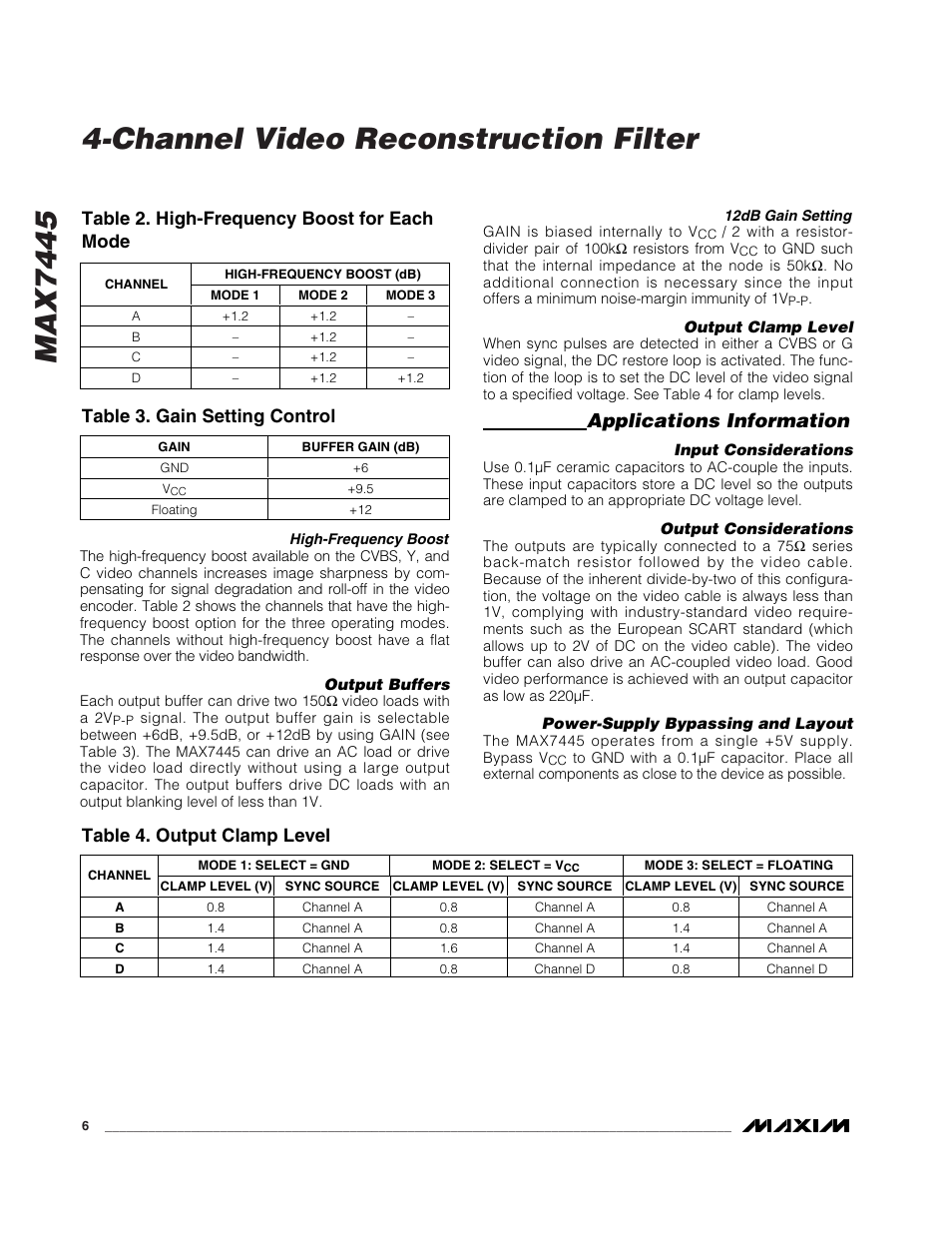 Applications information, Table 2. high-frequency boost for each mode, Table 3. gain setting control | Table 4. output clamp level | Rainbow Electronics MAX7445 User Manual | Page 6 / 8