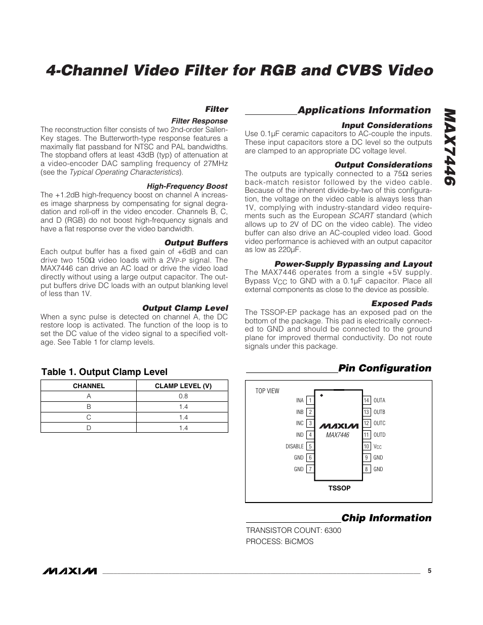 Applications information, Pin configuration chip information, Table 1. output clamp level | Rainbow Electronics MAX7446 User Manual | Page 5 / 6