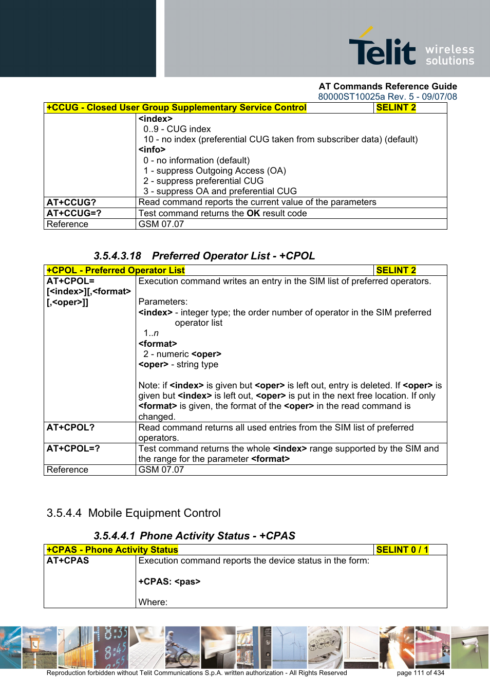 18 preferred operator list - +cpol, 1 phone activity status - +cpas, 4 mobile equipment control | Rainbow Electronics GM862-QUAD-PY User Manual | Page 111 / 434