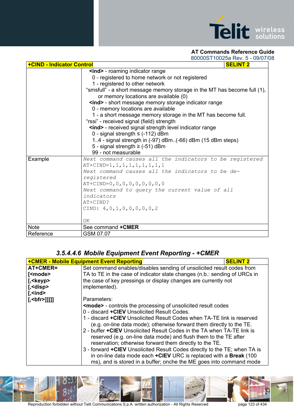 6 mobile equipment event reporting - +cmer | Rainbow Electronics GM862-QUAD-PY User Manual | Page 123 / 434
