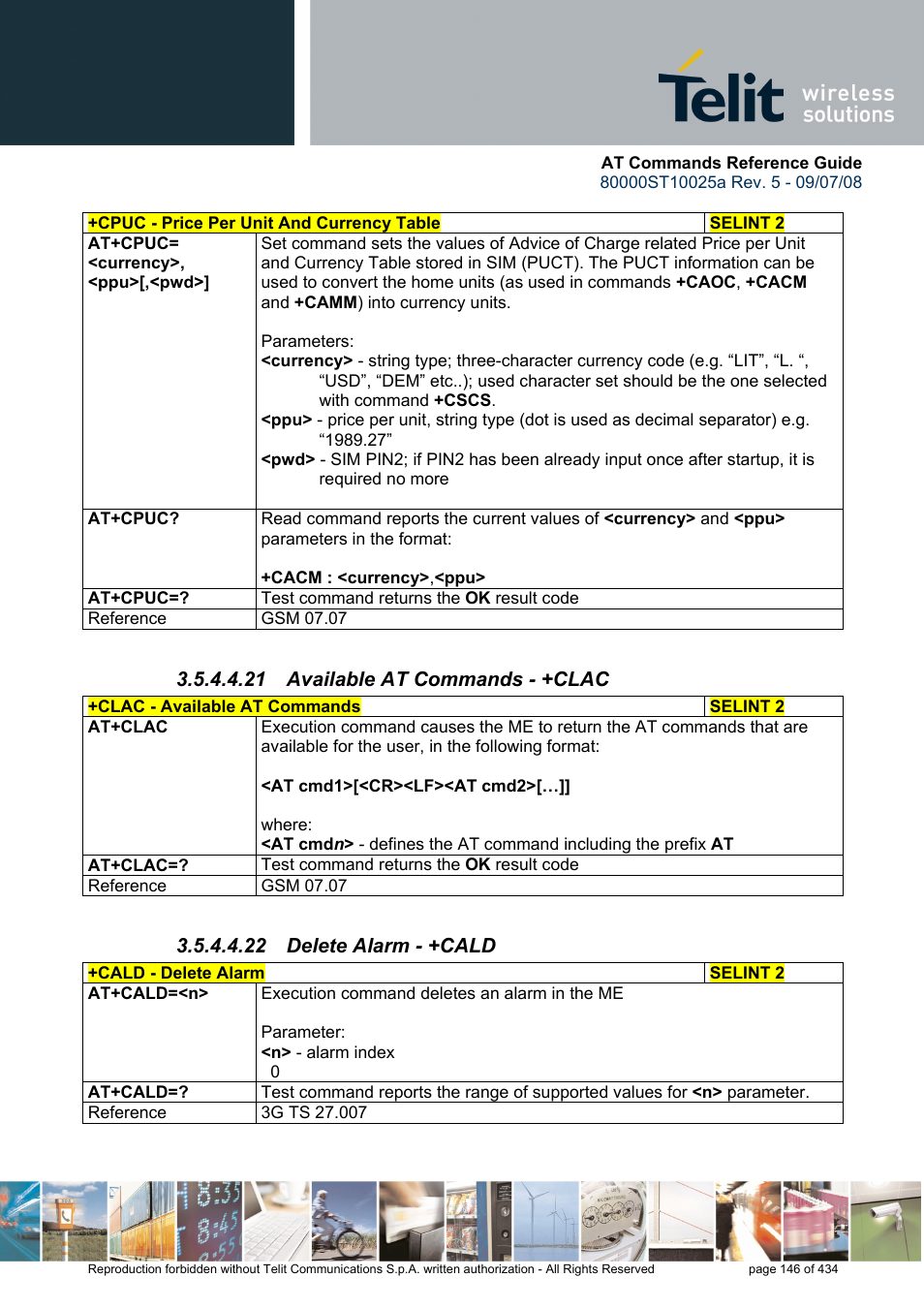 21 available at commands - +clac, 22 delete alarm - +cald | Rainbow Electronics GM862-QUAD-PY User Manual | Page 146 / 434