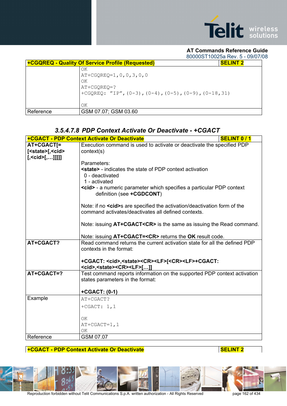 8 pdp context activate or deactivate - +cgact | Rainbow Electronics GM862-QUAD-PY User Manual | Page 162 / 434