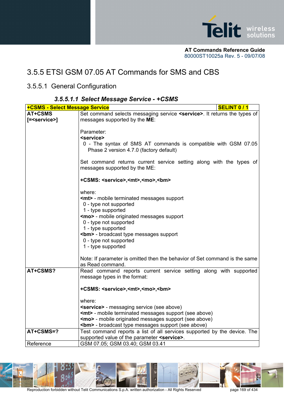 5 etsi gsm 07.05 at commands for sms and cbs, 1 general configuration, 1 select message service - +csms | Rainbow Electronics GM862-QUAD-PY User Manual | Page 169 / 434