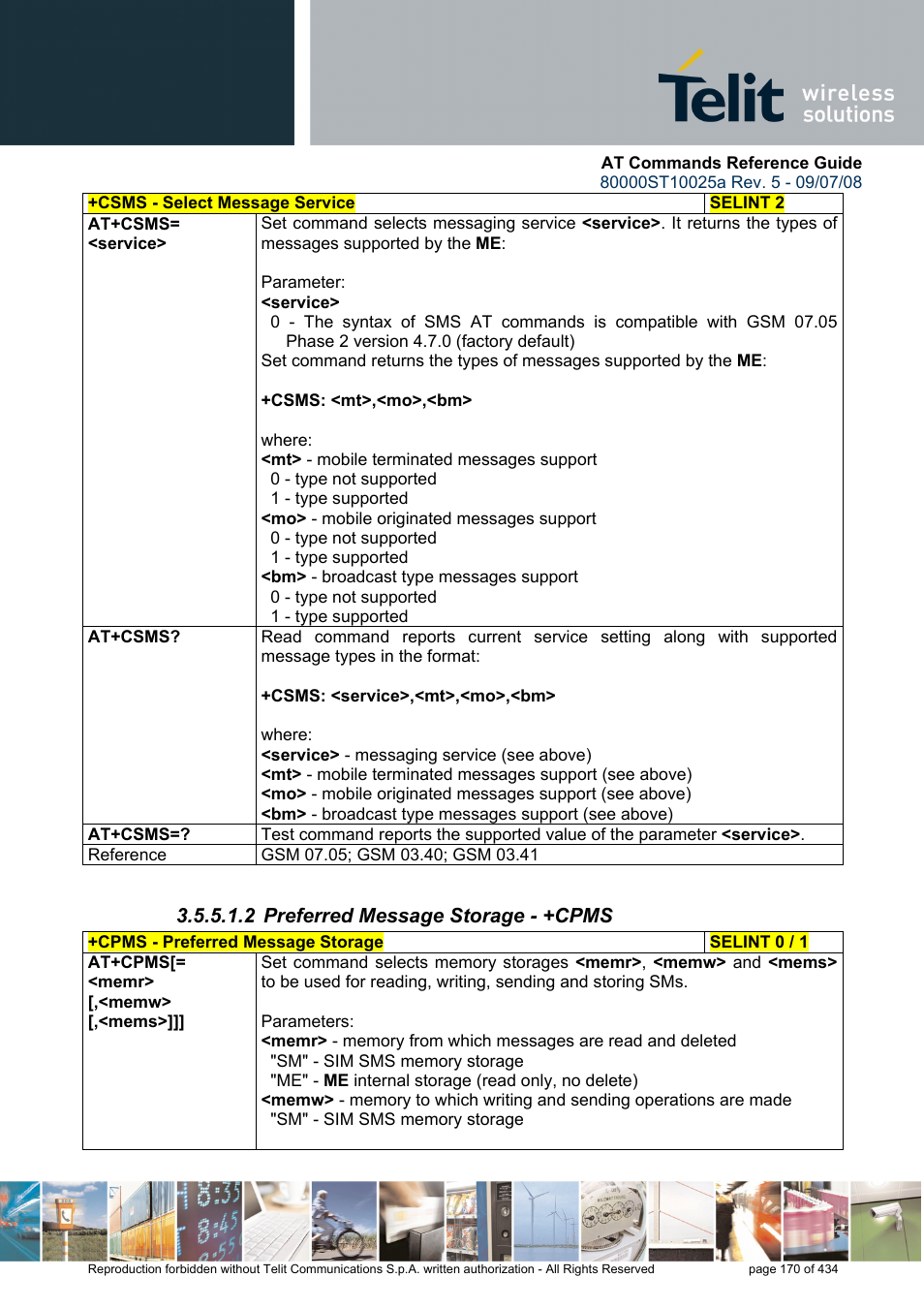 2 preferred message storage - +cpms | Rainbow Electronics GM862-QUAD-PY User Manual | Page 170 / 434