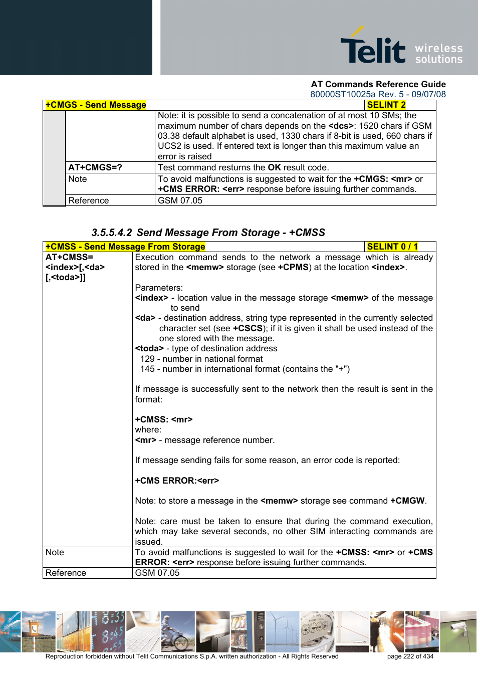 2 send message from storage - +cmss | Rainbow Electronics GM862-QUAD-PY User Manual | Page 222 / 434