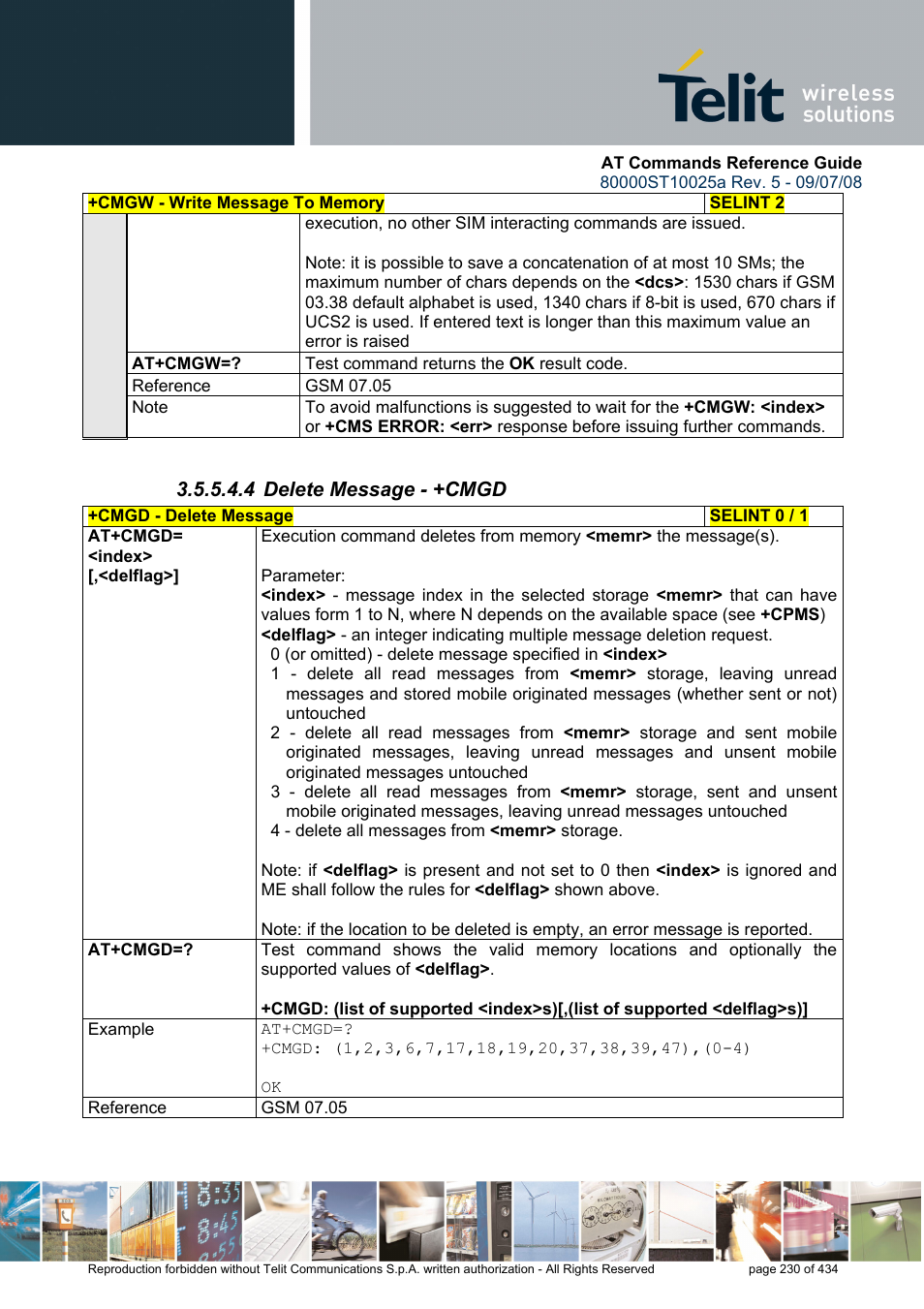 4 delete message - +cmgd | Rainbow Electronics GM862-QUAD-PY User Manual | Page 230 / 434
