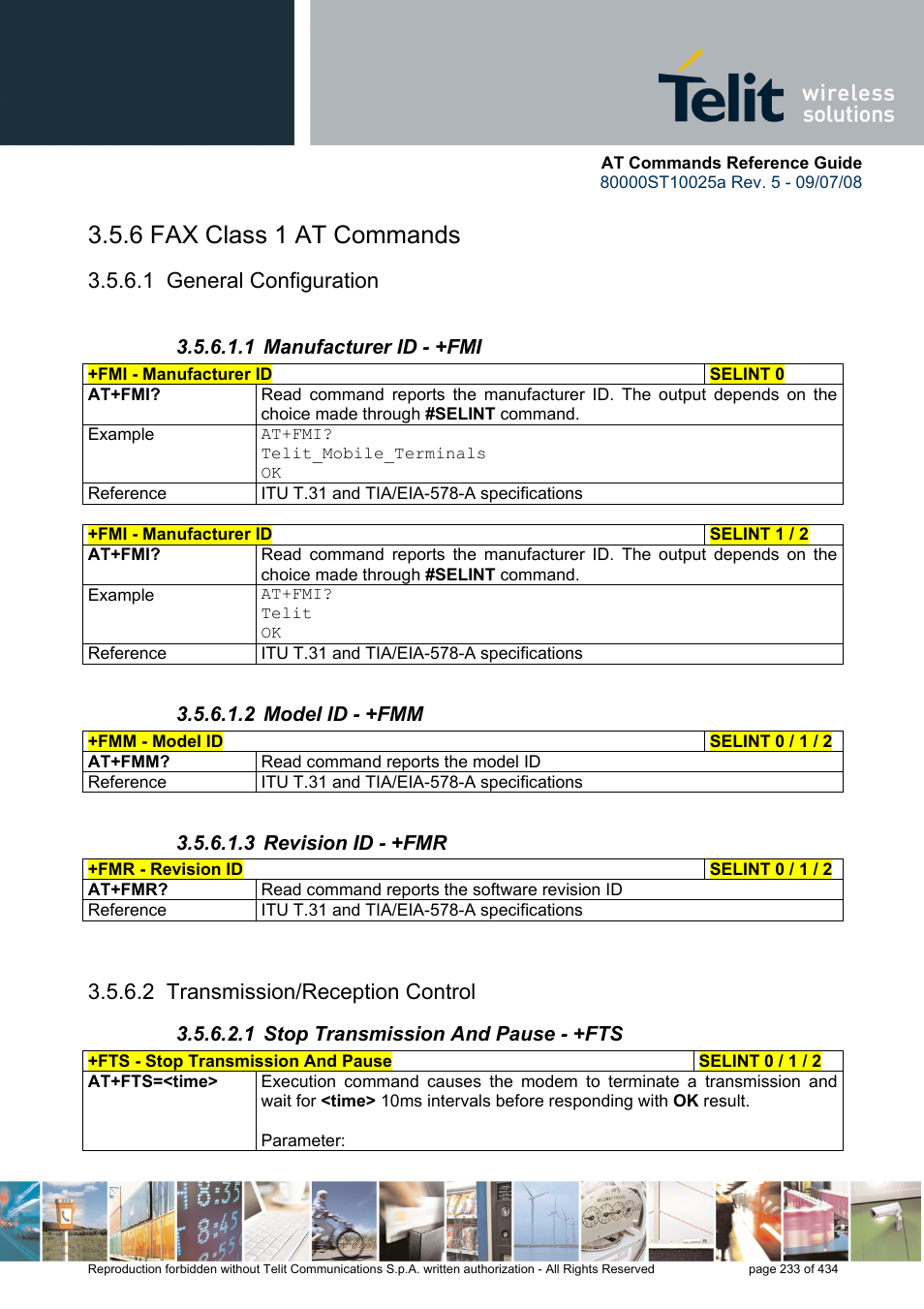 6 fax class 1 at commands, 1 general configuration, 1 manufacturer id - +fmi | 2 model id - +fmm, 3 revision id - +fmr, 2 transmission/reception control, 1 stop transmission and pause - +fts | Rainbow Electronics GM862-QUAD-PY User Manual | Page 233 / 434