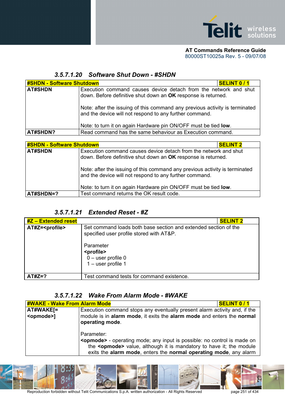 20 software shut down - #shdn, 21 extended reset - #z, 22 wake from alarm mode - #wake | Rainbow Electronics GM862-QUAD-PY User Manual | Page 251 / 434
