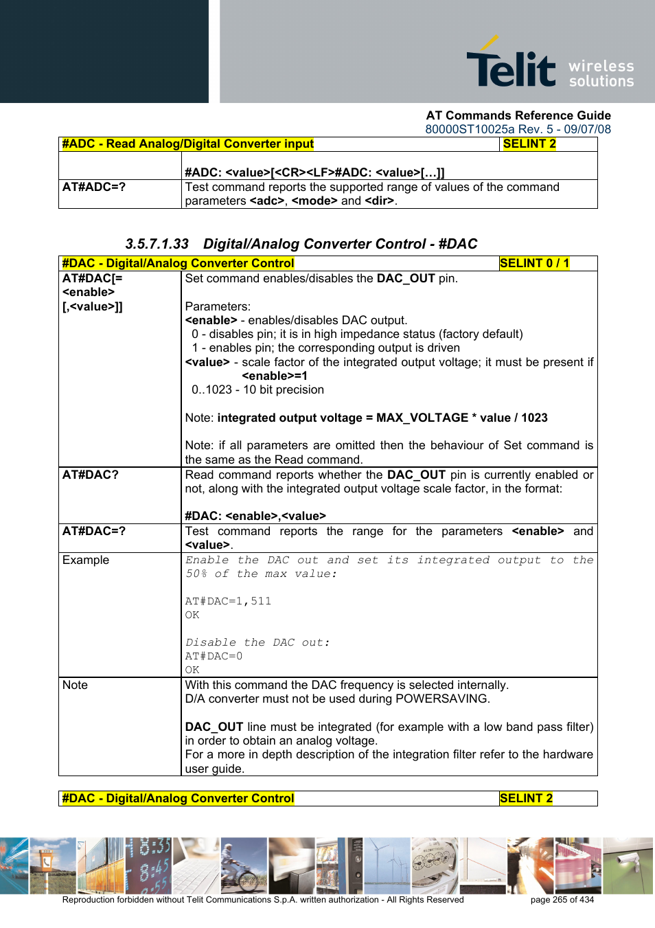 33 digital/analog converter control - #dac | Rainbow Electronics GM862-QUAD-PY User Manual | Page 265 / 434