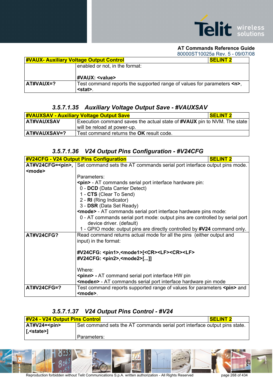 35 auxiliary voltage output save - #vauxsav, 36 v24 output pins configuration - #v24cfg, 37 v24 output pins control - #v24 | Rainbow Electronics GM862-QUAD-PY User Manual | Page 268 / 434