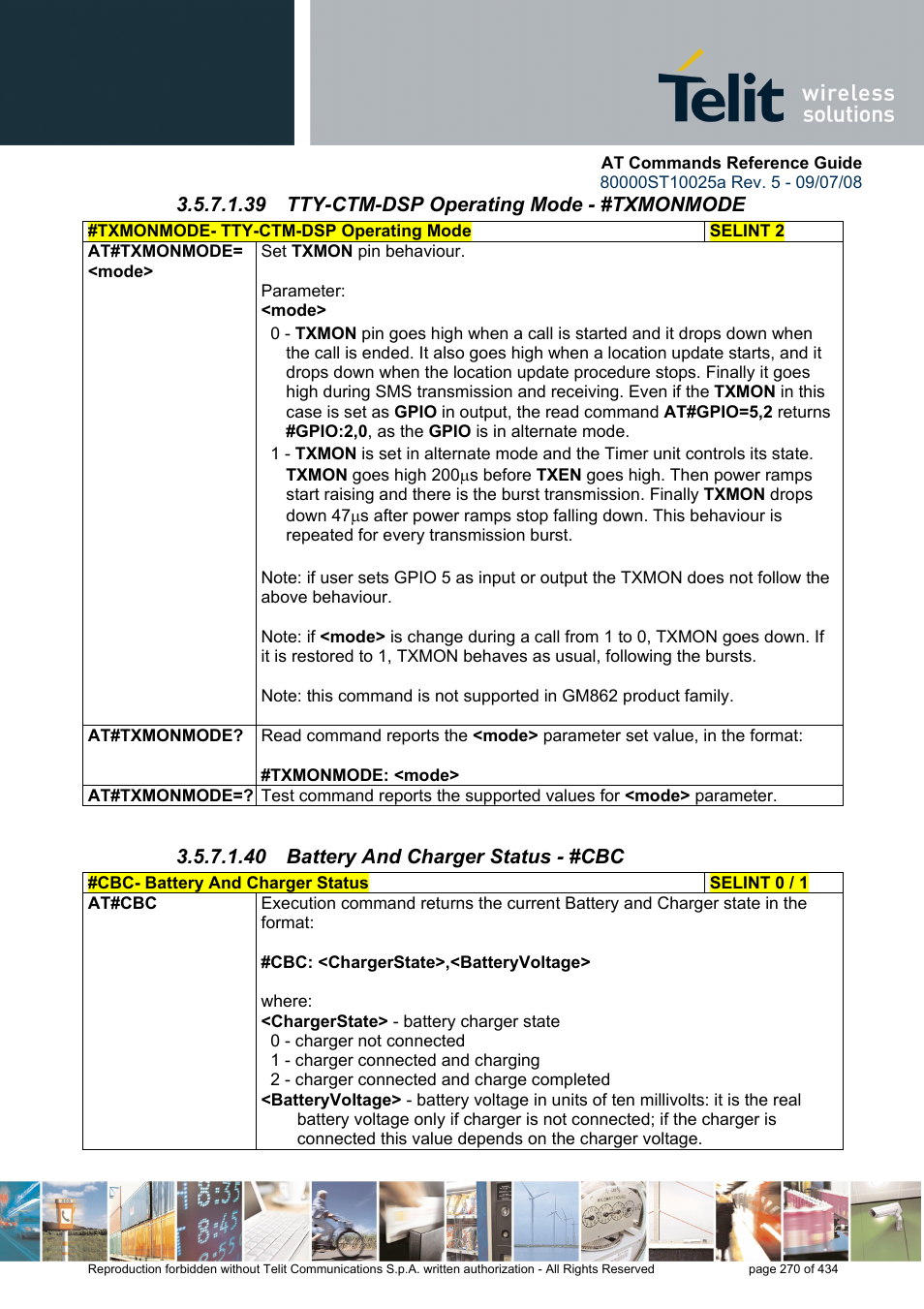 39 tty-ctm-dsp operating mode - #txmonmode, 40 battery and charger status - #cbc | Rainbow Electronics GM862-QUAD-PY User Manual | Page 270 / 434