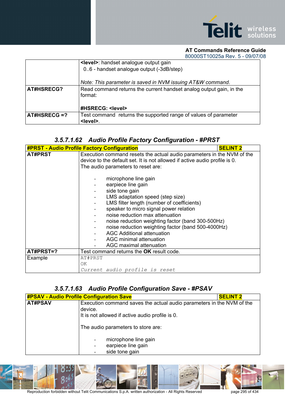 62 audio profile factory configuration - #prst, 63 audio profile configuration save - #psav | Rainbow Electronics GM862-QUAD-PY User Manual | Page 295 / 434