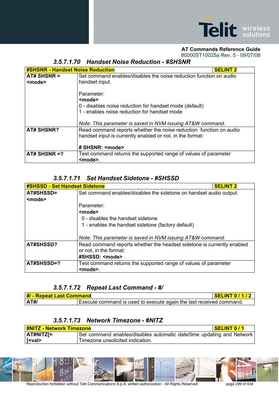 70 handset noise reduction - #shsnr, 71 set handset sidetone - #shssd, 72 repeat last command | 73 network timezone - #nitz | Rainbow Electronics GM862-QUAD-PY User Manual | Page 299 / 434