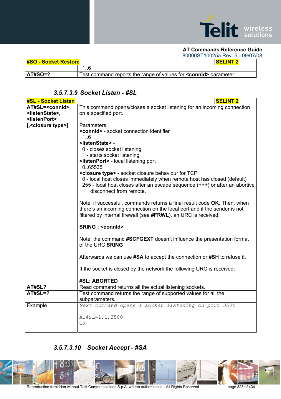 9 socket listen - #sl, 10 socket accept - #sa | Rainbow Electronics GM862-QUAD-PY User Manual | Page 323 / 434