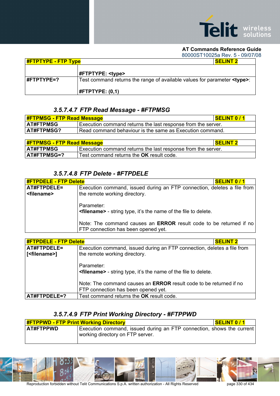 7 ftp read message - #ftpmsg, 8 ftp delete - #ftpdele, 9 ftp print working directory - #ftppwd | Rainbow Electronics GM862-QUAD-PY User Manual | Page 330 / 434