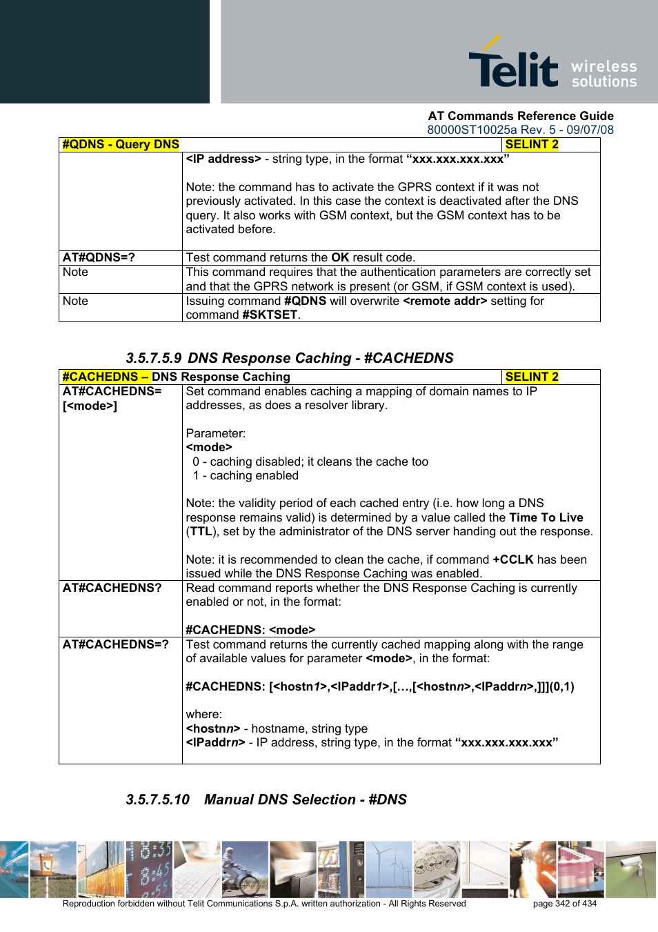 9 dns response caching - #cachedns, 10 manual dns selection - #dns | Rainbow Electronics GM862-QUAD-PY User Manual | Page 342 / 434