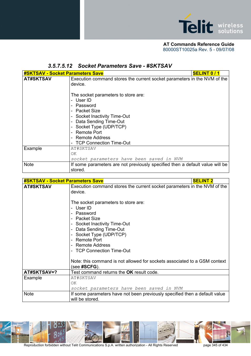 12 socket parameters save - #sktsav | Rainbow Electronics GM862-QUAD-PY User Manual | Page 345 / 434