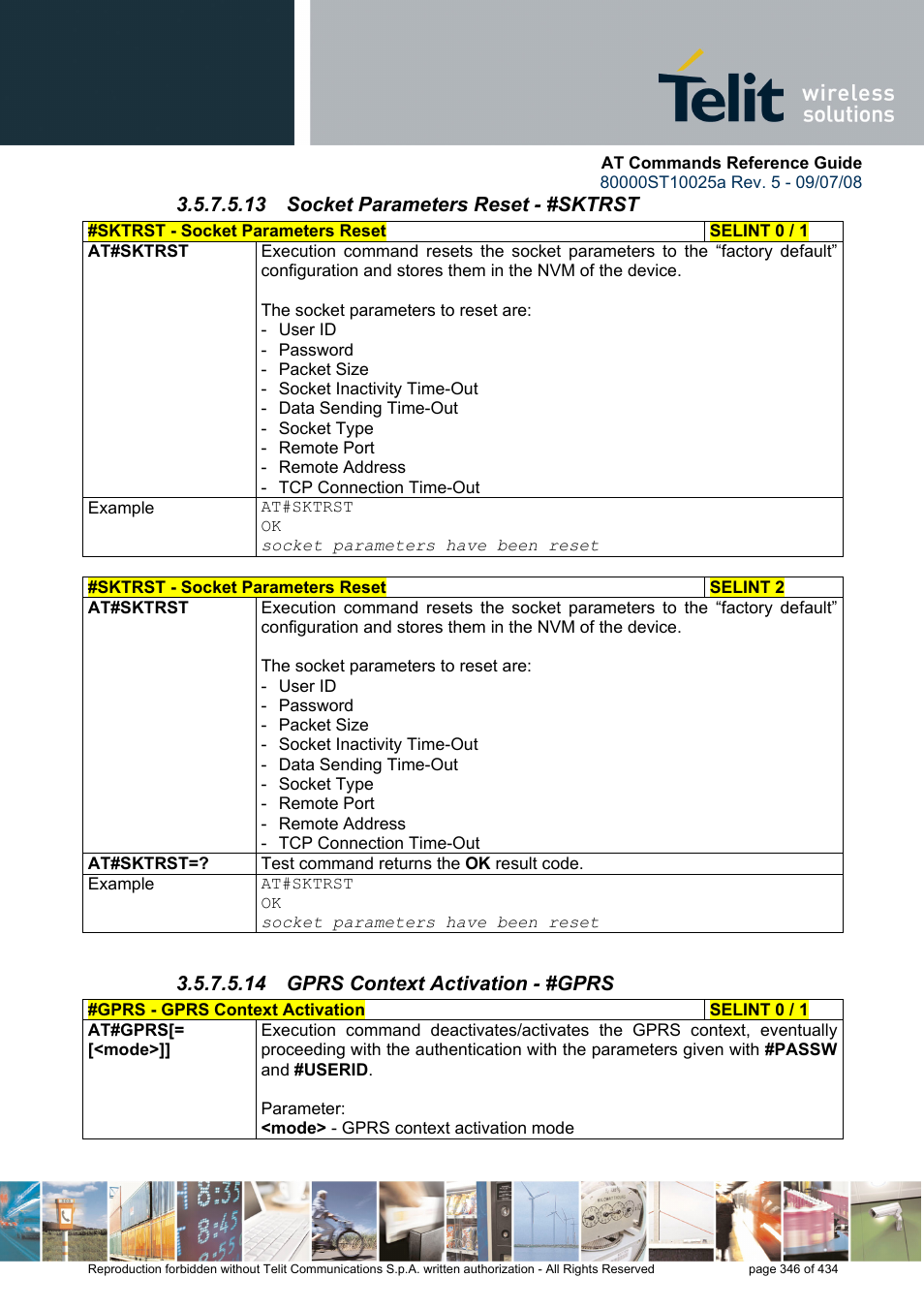 13 socket parameters reset - #sktrst, 14 gprs context activation - #gprs | Rainbow Electronics GM862-QUAD-PY User Manual | Page 346 / 434