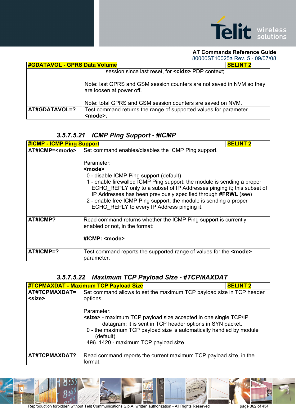 21 icmp ping support - #icmp, 22 maximum tcp payload size - #tcpmaxdat | Rainbow Electronics GM862-QUAD-PY User Manual | Page 362 / 434
