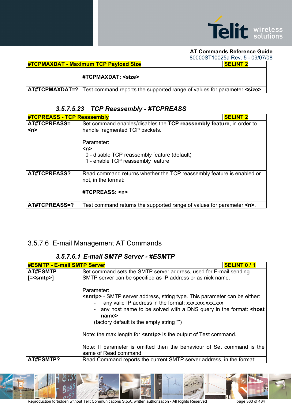 23 tcp reassembly - #tcpreass, 6 e-mail management at commands, 1 e-mail smtp server - #esmtp | Rainbow Electronics GM862-QUAD-PY User Manual | Page 363 / 434