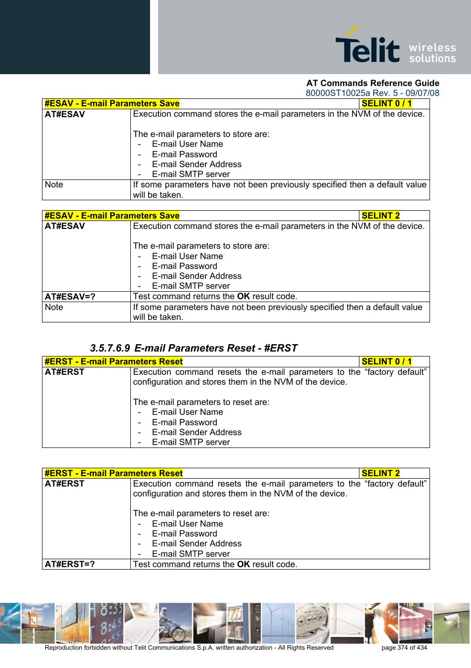 9 e-mail parameters reset - #erst | Rainbow Electronics GM862-QUAD-PY User Manual | Page 374 / 434