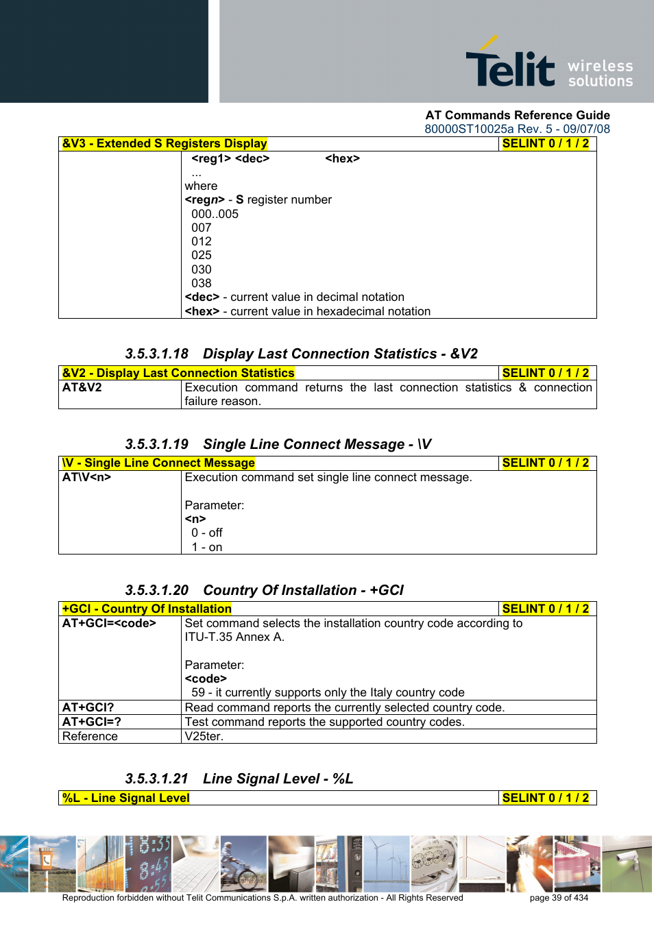 18 display last connection statistics - &v2, 19 single line connect message - \v, 20 country of installation - +gci | 21 line signal level - %l | Rainbow Electronics GM862-QUAD-PY User Manual | Page 39 / 434