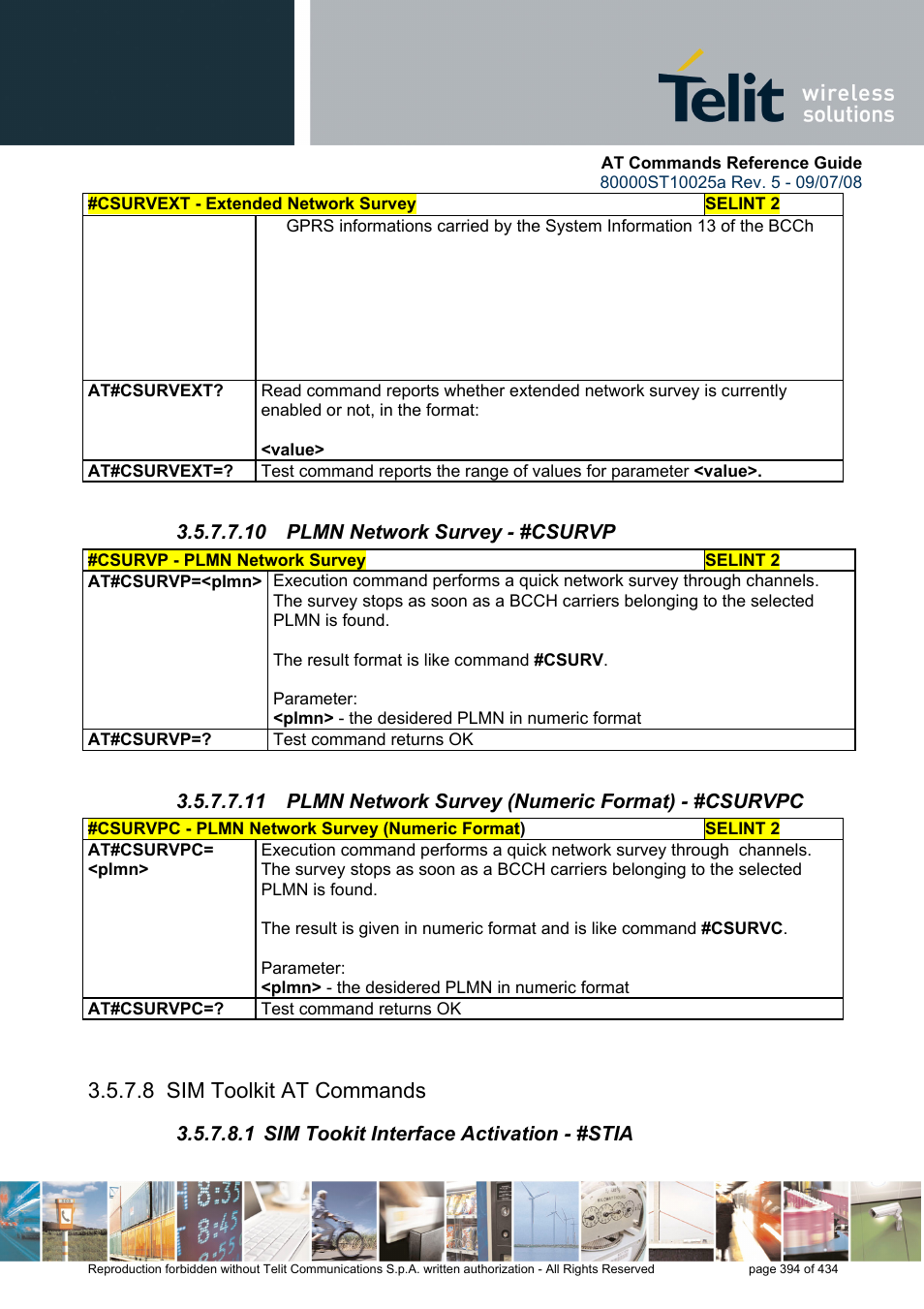 10 plmn network survey - #csurvp, 11 plmn network survey (numeric format) - #csurvpc, 8 sim toolkit at commands | 1 sim tookit interface activation - #stia | Rainbow Electronics GM862-QUAD-PY User Manual | Page 394 / 434