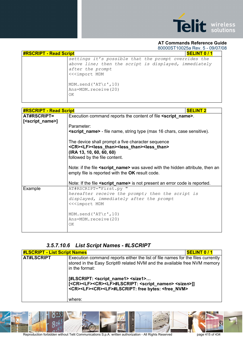 6 list script names - #lscript | Rainbow Electronics GM862-QUAD-PY User Manual | Page 415 / 434