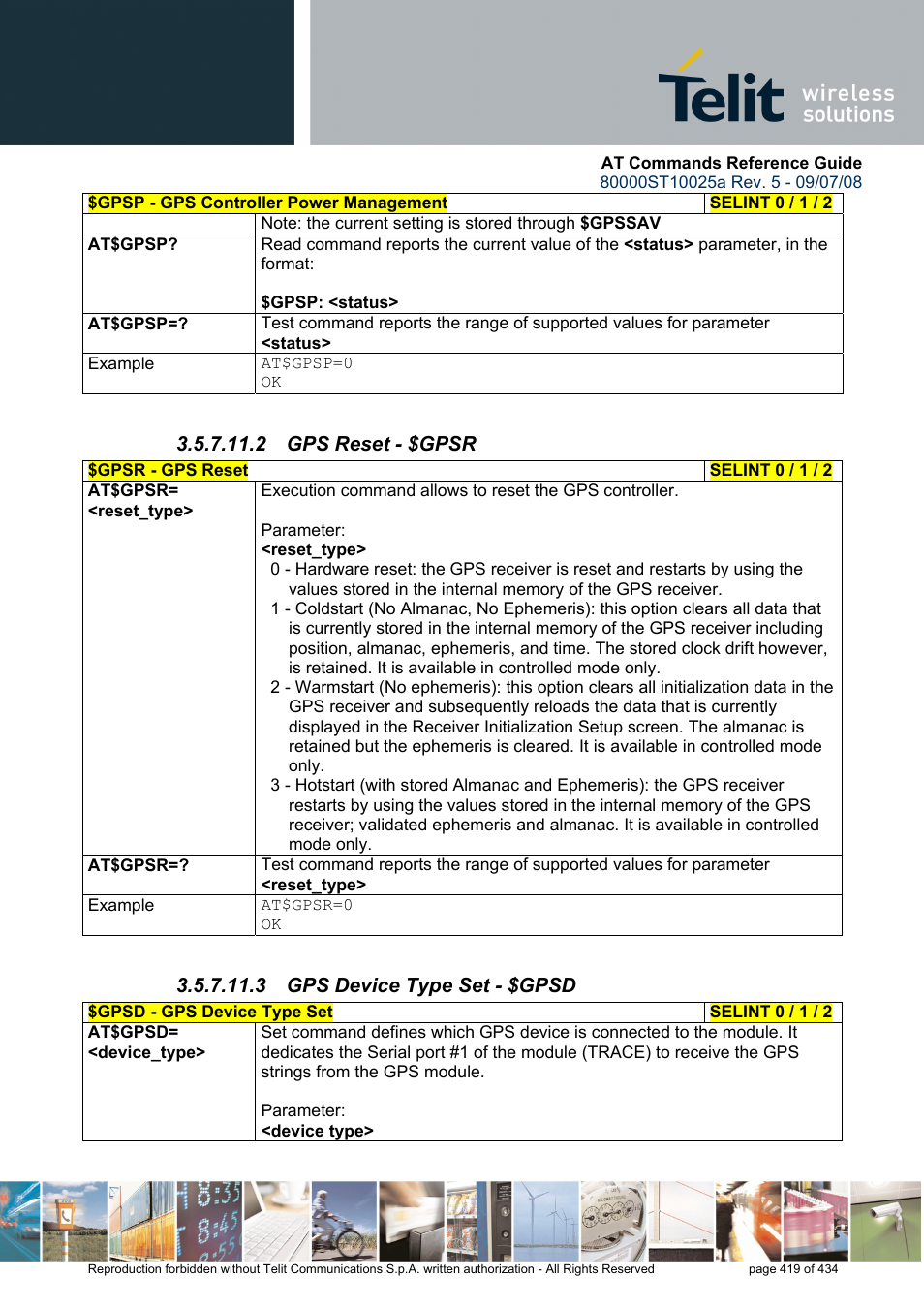 2 gps reset - $gpsr, 3 gps device type set - $gpsd | Rainbow Electronics GM862-QUAD-PY User Manual | Page 419 / 434