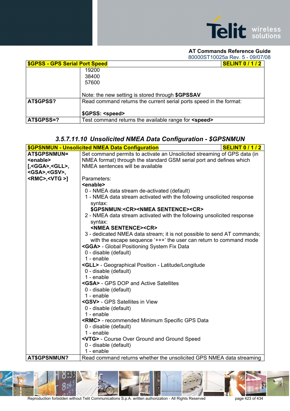 10 unsolicited nmea data configuration - $gpsnmun | Rainbow Electronics GM862-QUAD-PY User Manual | Page 423 / 434