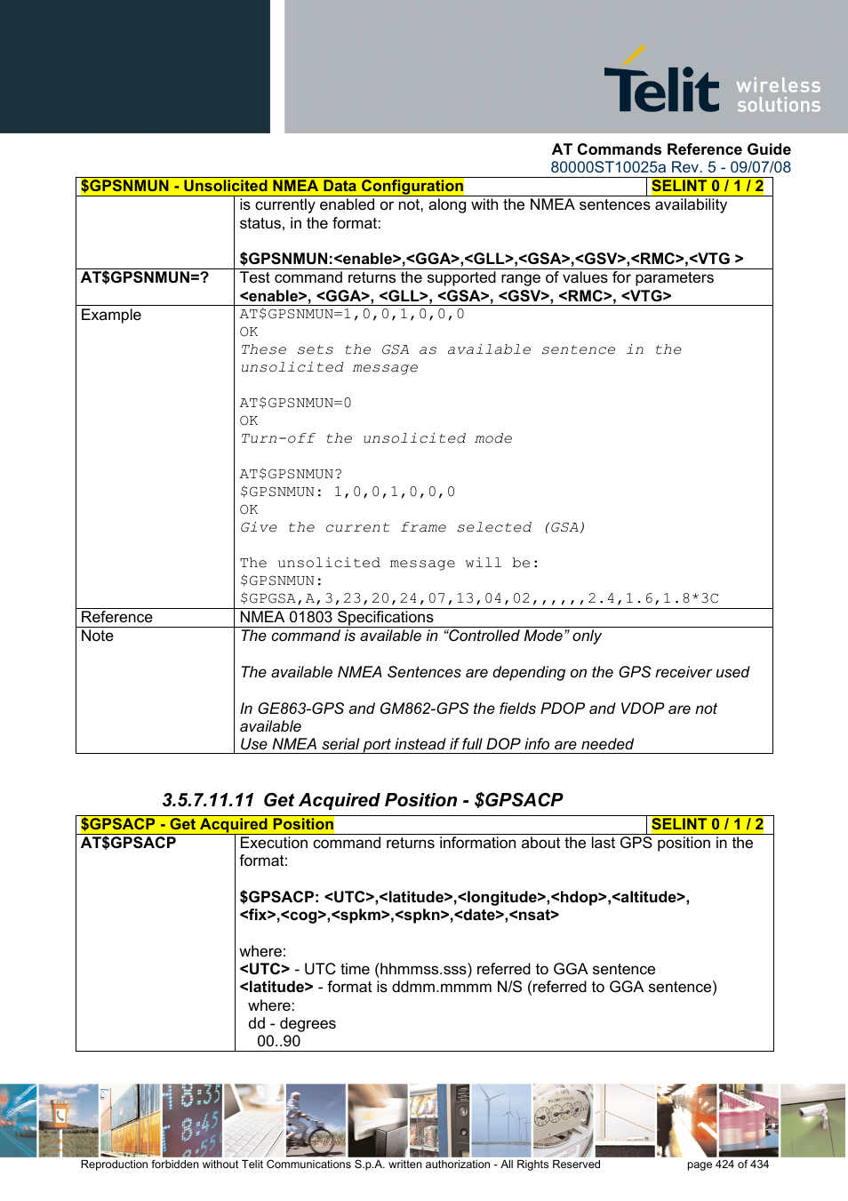 11 get acquired position - $gpsacp | Rainbow Electronics GM862-QUAD-PY User Manual | Page 424 / 434