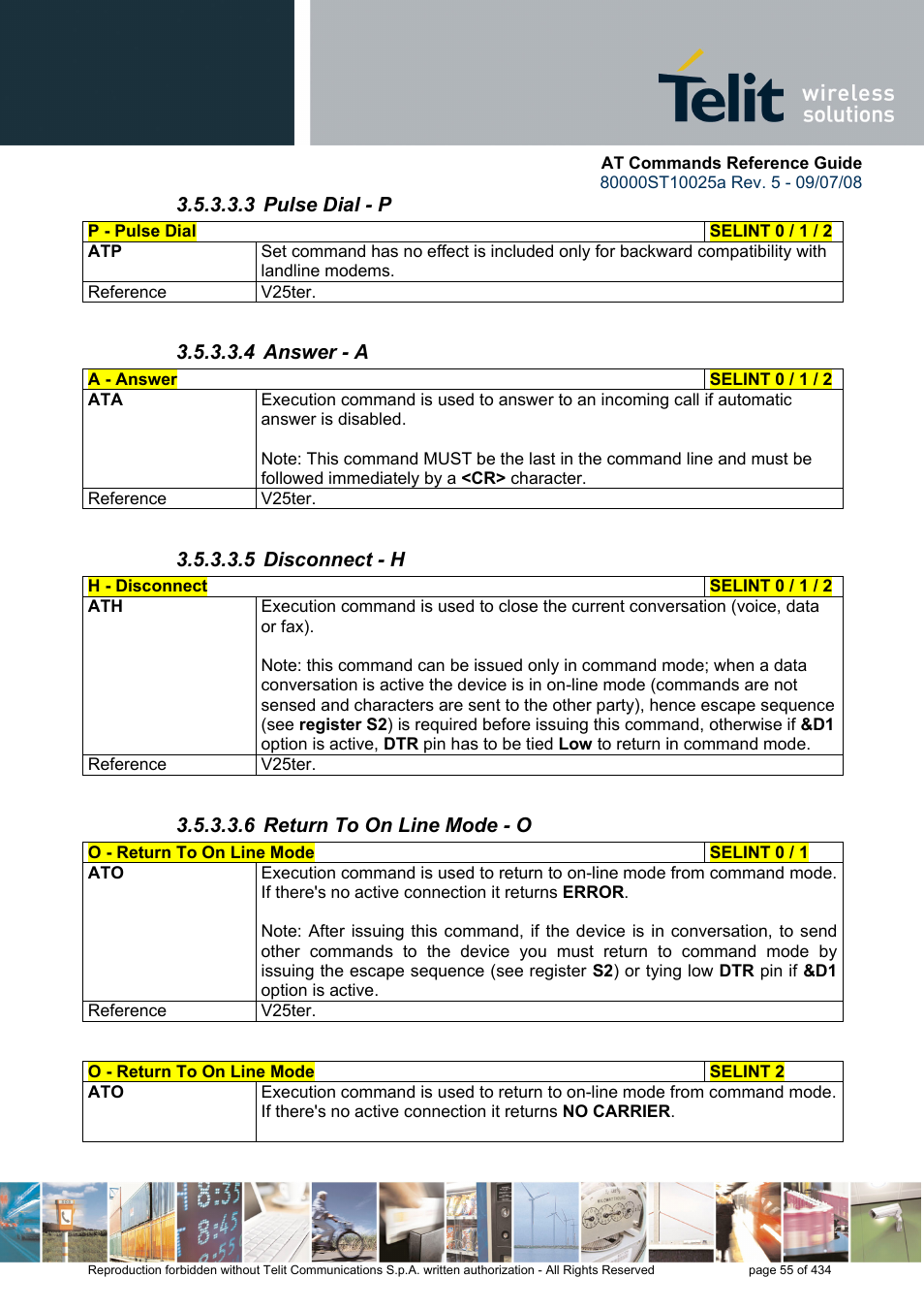 3 pulse dial - p, 4 answer - a, 5 disconnect - h | 6 return to on line mode - o | Rainbow Electronics GM862-QUAD-PY User Manual | Page 55 / 434