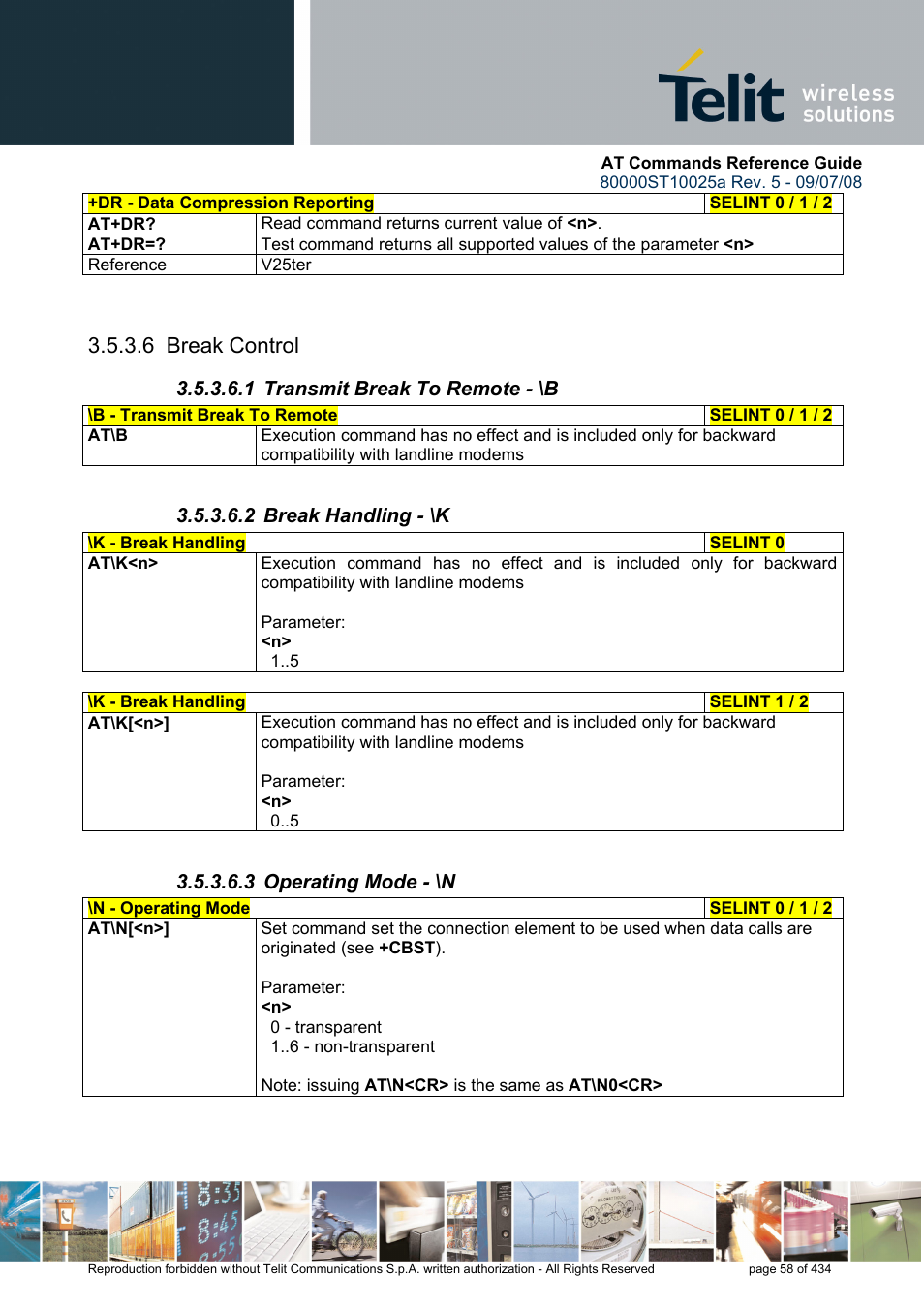 6 break control, 1 transmit break to remote - \b, 2 break handling - \k | 3 operating mode - \n | Rainbow Electronics GM862-QUAD-PY User Manual | Page 58 / 434