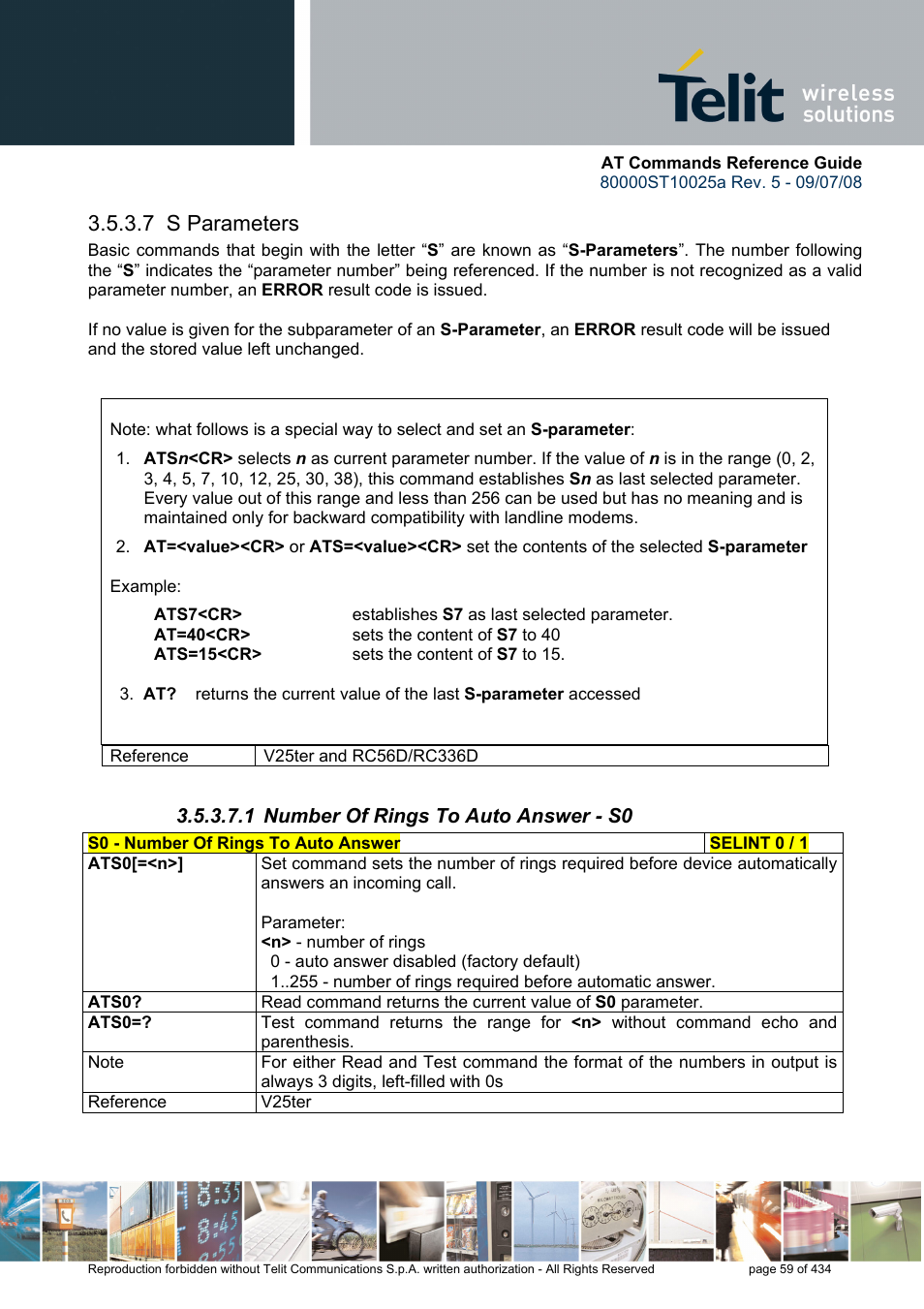 7 s parameters, 1 number of rings to auto answer - s0 | Rainbow Electronics GM862-QUAD-PY User Manual | Page 59 / 434