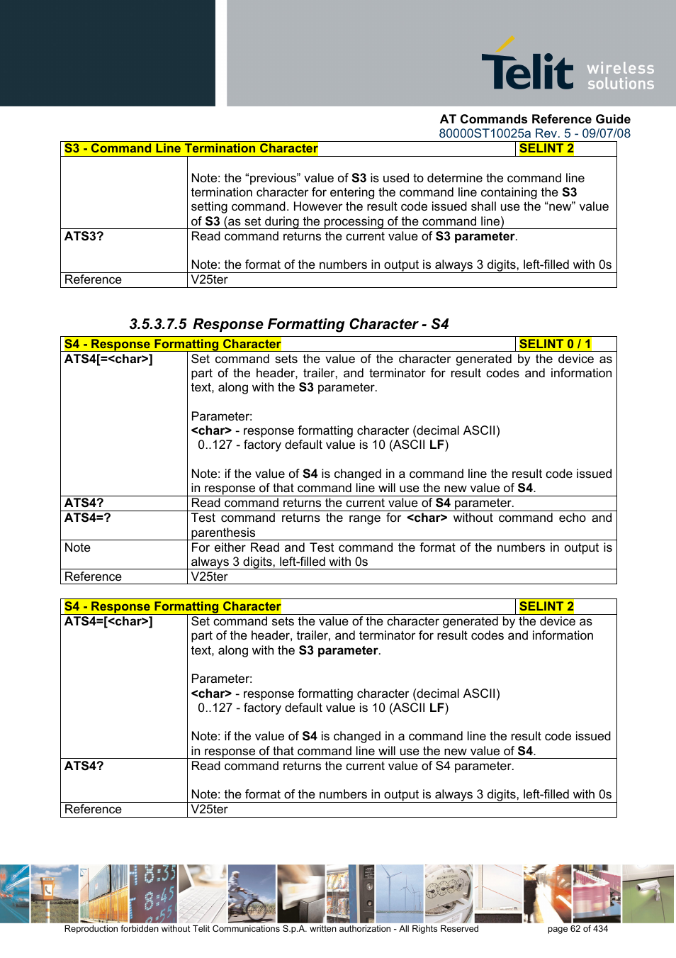 5 response formatting character - s4 | Rainbow Electronics GM862-QUAD-PY User Manual | Page 62 / 434